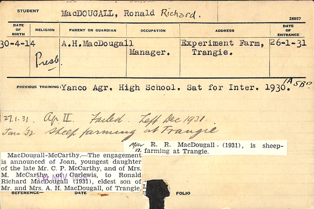 MACDOUGALL, Ronald Richard (Hawkesbury Diploma of Agriculture (HDA))