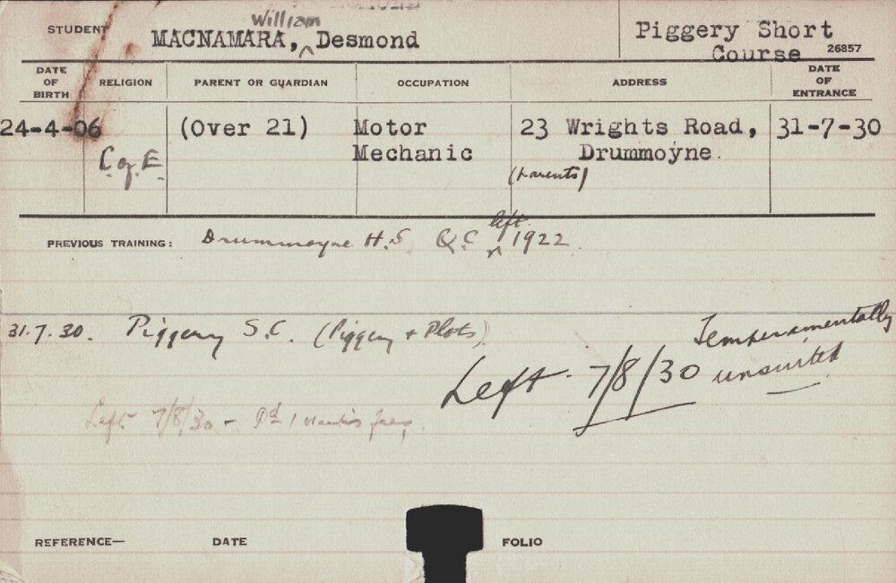 MACNAMARA, William Desmond (Short Course - Piggery)
