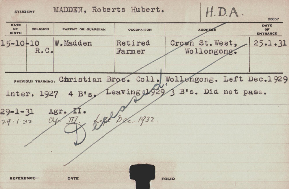 MADDEN, Roberts Hubert (Hawkesbury Diploma of Agriculture (HDA))