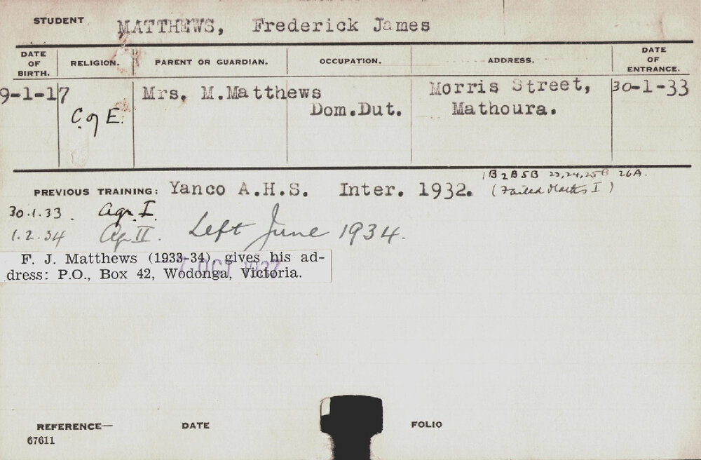 MATTHEWS, Frederick James (Hawkesbury Diploma of Agriculture (HDA))