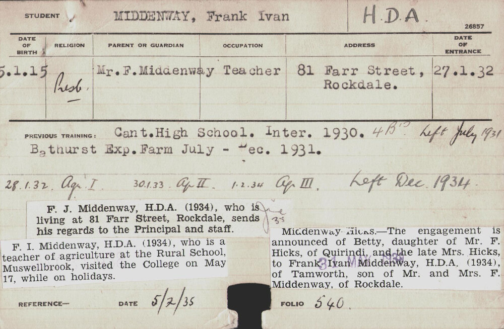 MIDDENWAY, Frank Ivan (Hawkesbury Diploma of Agriculture (HDA))