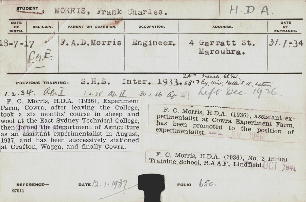 MORRIS, Frank Charles (Hawkesbury Diploma of Agriculture (HDA))