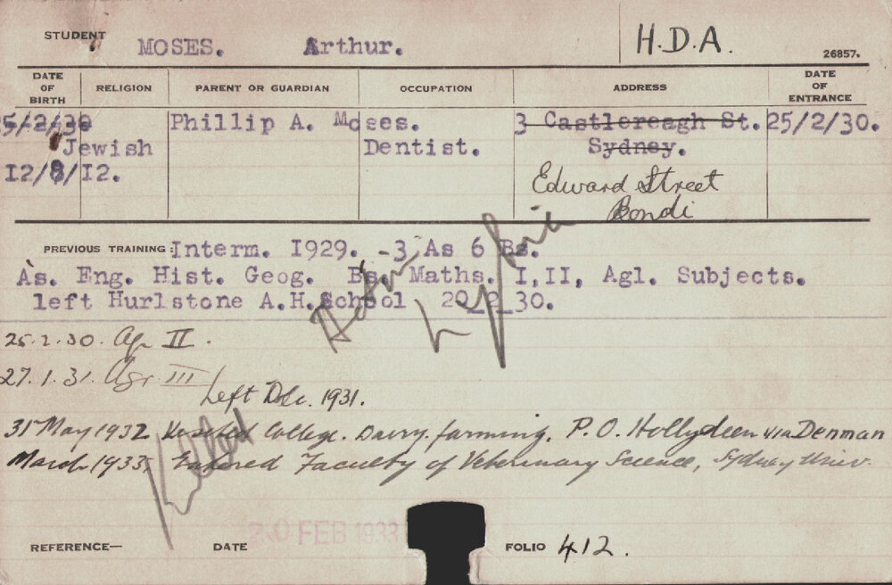 MOSES, Arthur (Hawkesbury Diploma of Agriculture (HDA))