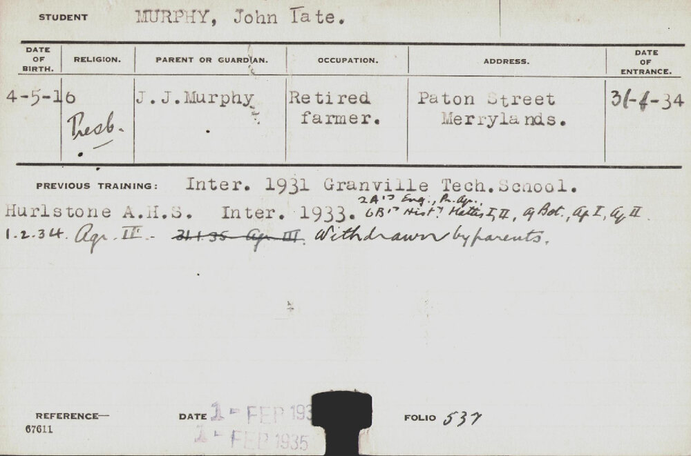 MURPHY, John Tate (Hawkesbury Diploma of Agriculture (HDA))
