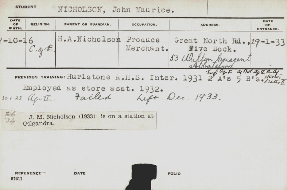 NICHOLSON, John Maurice (Hawkesbury Diploma of Agriculture (HDA))