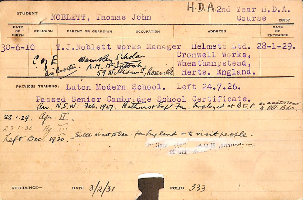 NOBLETT, Thomas John (Hawkesbury Diploma of Agriculture (HDA))