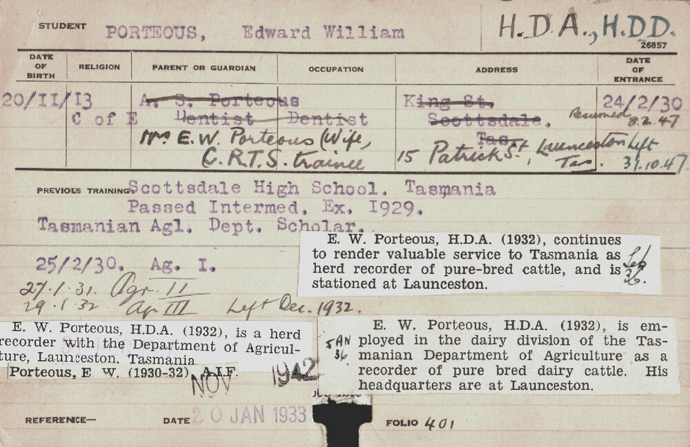 PORTEOUS, Edward William (Hawkesbury Diploma of Agriculture (HDA)/ Hawkesbury Diploma in Dairy (HDD))