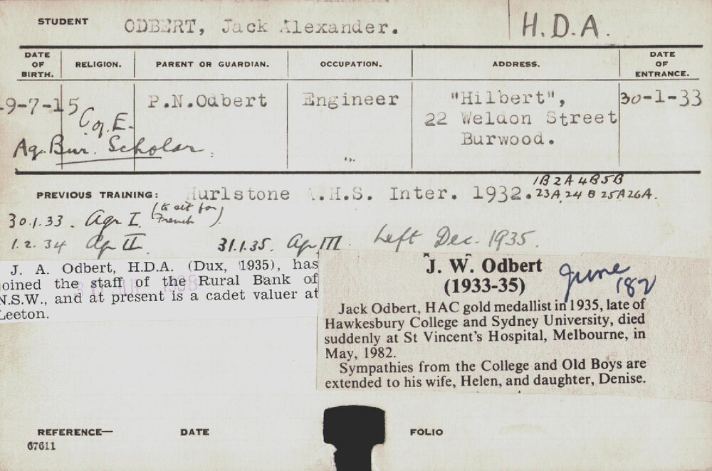 ODBERT, Jack Alexander (Hawkesbury Diploma of Agriculture (HDA))