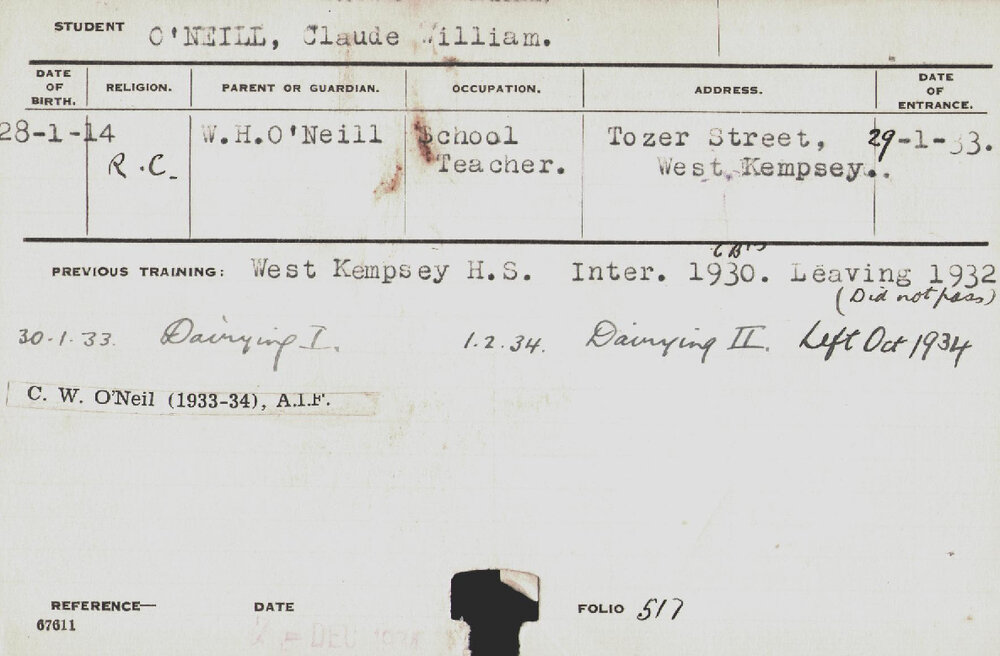 O'NEILL, Claude William (Hawkesbury Diploma in Dairy Technology (HDDT))