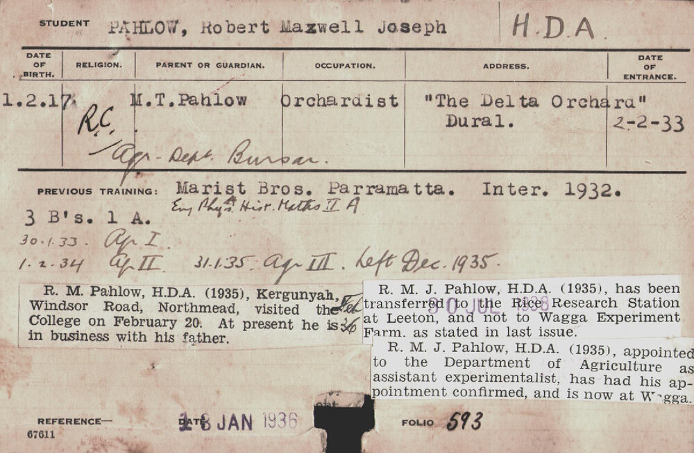 PAHLOW, Robert Maxwell Joseph (Hawkesbury Diploma of Agriculture (HDA))