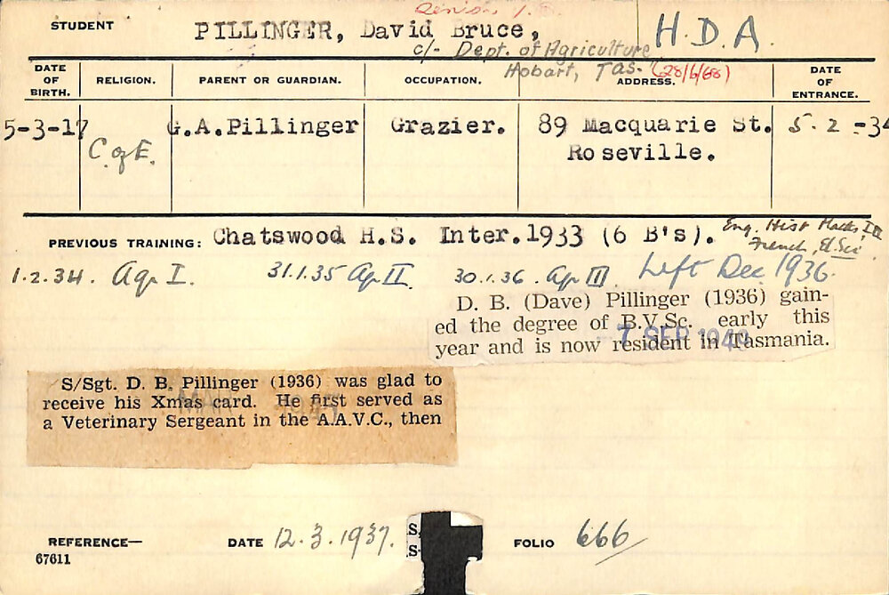 PILLINGER, David Bruce (Hawkesbury Diploma of Agriculture (HDA))