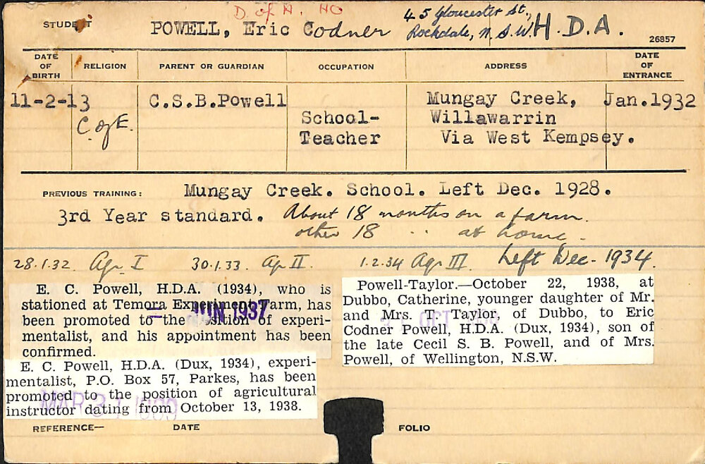 POWELL, Eric C (Hawkesbury Diploma of Agriculture (HDA))