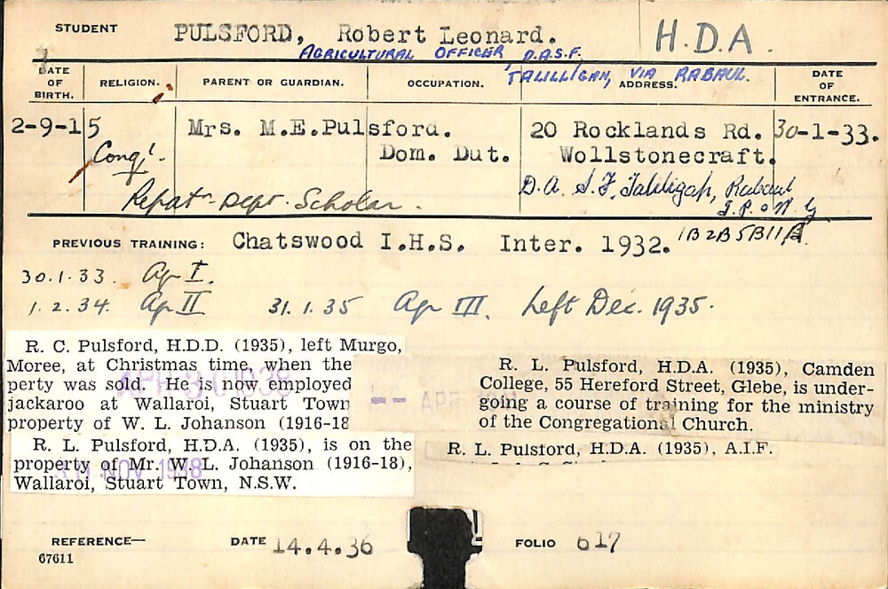 PULSFORD, Robert Leonard (Hawkesbury Diploma of Agriculture (HDA))