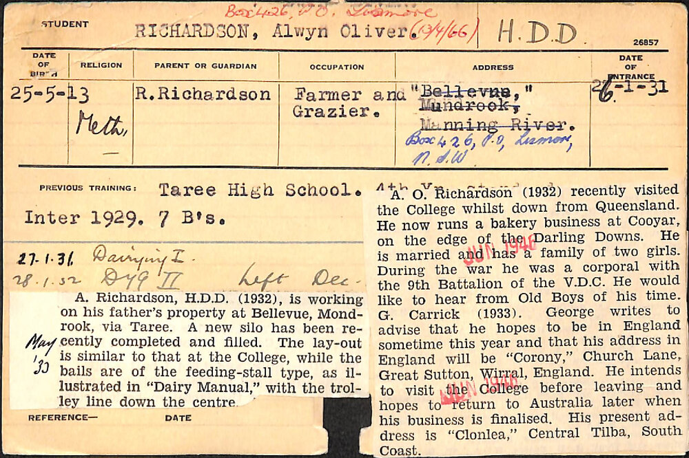 RICHARDSON, Alwyn Oliver (Hawkesbury Diploma in Dairy (HDD))