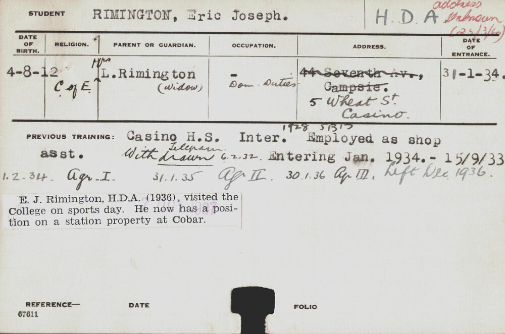 RIMINGTON, Eric Joseph (Hawkesbury Diploma of Agriculture (HDA))
