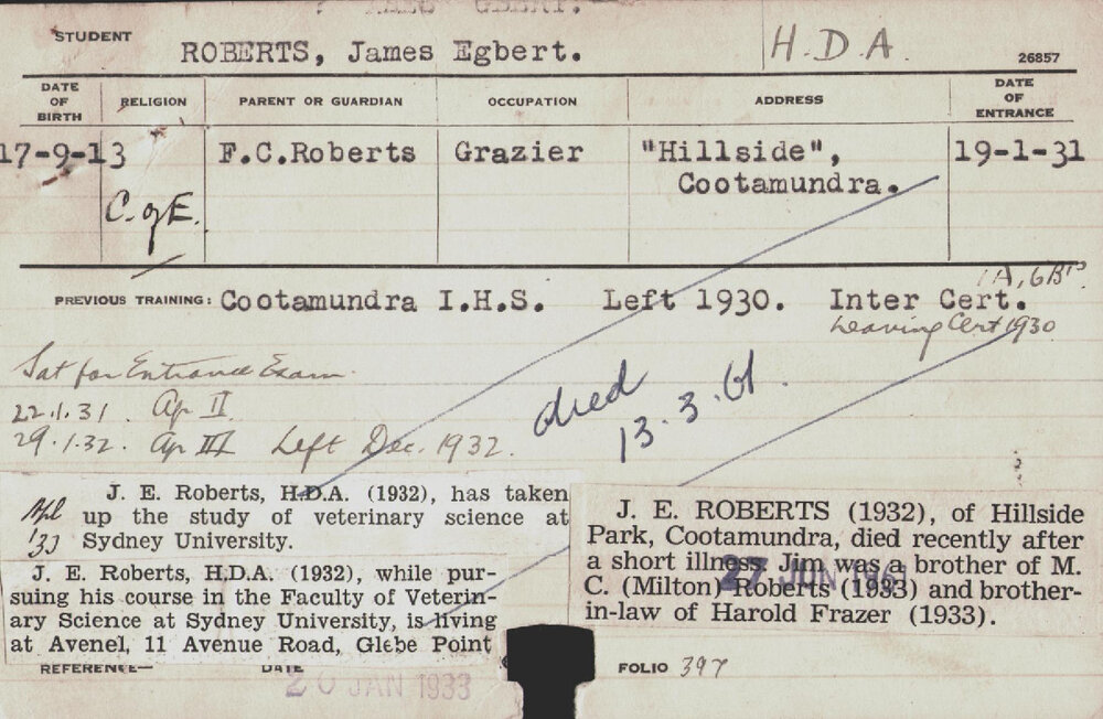 ROBERTS, James Egbert (Hawkesbury Diploma of Agriculture (HDA))