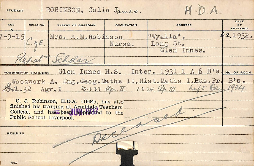 ROBINSON, Colin James (Hawkesbury Diploma of Agriculture (HDA))