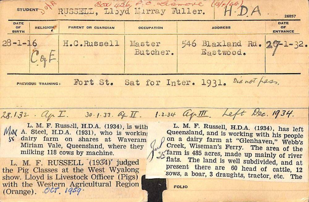 RUSSELL, Lloyd Murray Fuller (Hawkesbury Diploma of Agriculture (HDA))