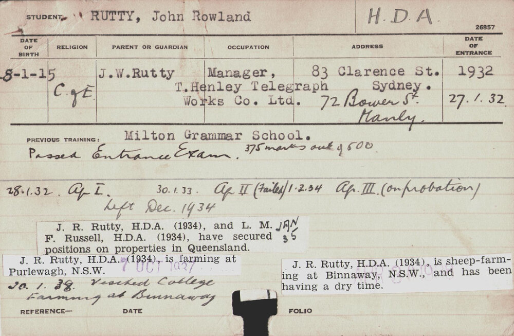 RUTTY, John Rowland (Hawkesbury Diploma of Agriculture (HDA))