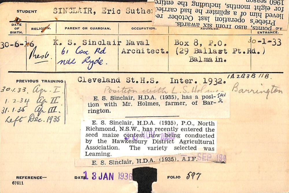 SINCLAIR, Eric Sutherland (Hawkesbury Diploma of Agriculture (HDA))