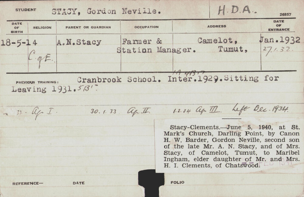 Stacy, Gordon Neville (Hawkesbury Diploma of Agriculture (HDA))