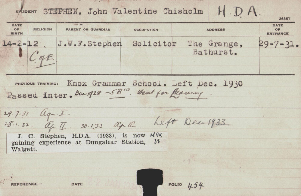 Stephen, John Valentine Chisholm (Hawkesbury Diploma of Agriculture (HDA))
