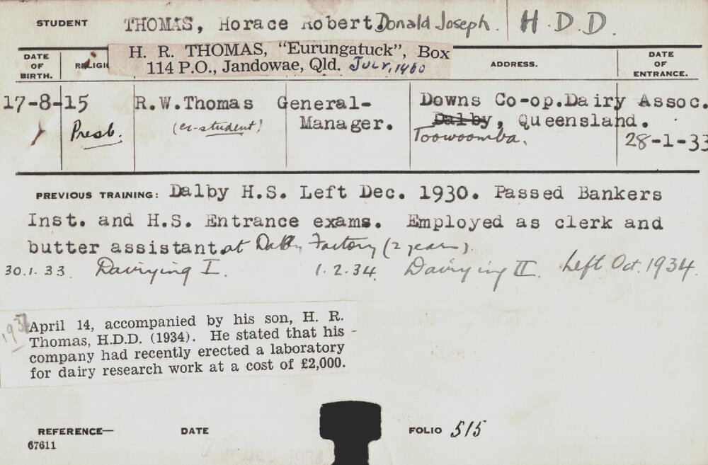 Thomas, Horace Robert Donald Joseph (Hawkesbury Diploma in Dairy (HDD))