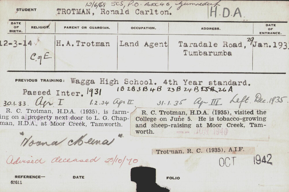 Trotman, Ronald Carlton (Hawkesbury Diploma of Agriculture (HDA))