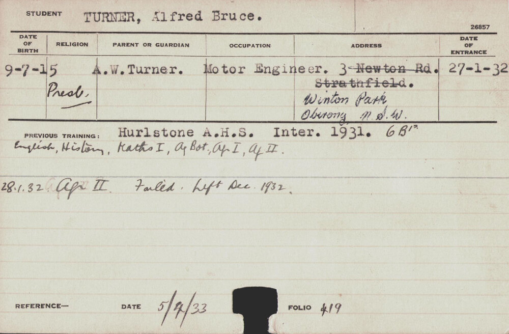Turner, Alfred Bruce (Hawkesbury Diploma of Agriculture (HDA))