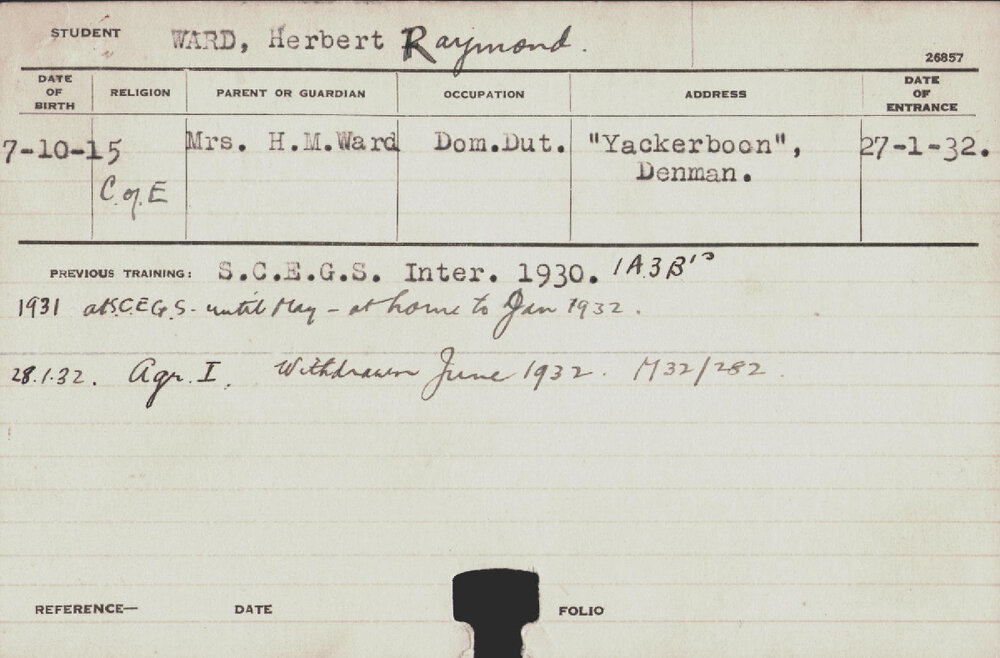 Ward, Herbert Raymond (Hawkesbury Diploma of Agriculture (HDA))