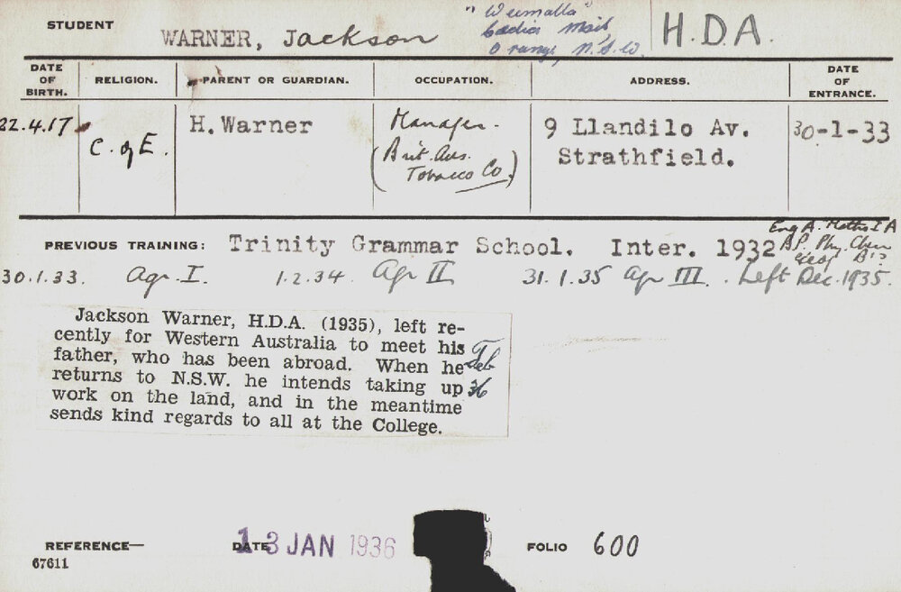 Warner, Jackson (Hawkesbury Diploma of Agriculture (HDA))