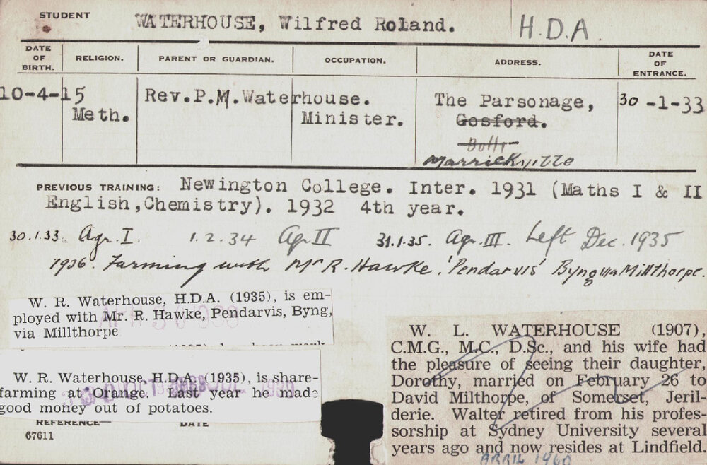 Waterhouse, Wilfred Roland (Hawkesbury Diploma of Agriculture (HDA))