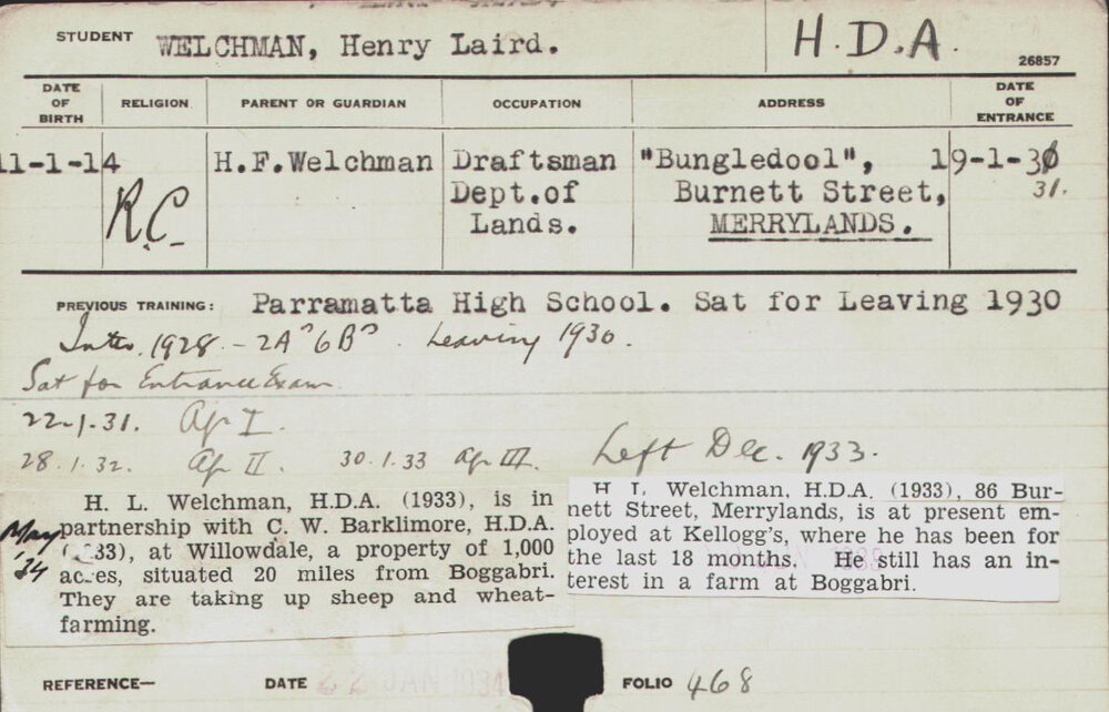 Welchman, Henry Laird (Hawkesbury Diploma of Agriculture (HDA))
