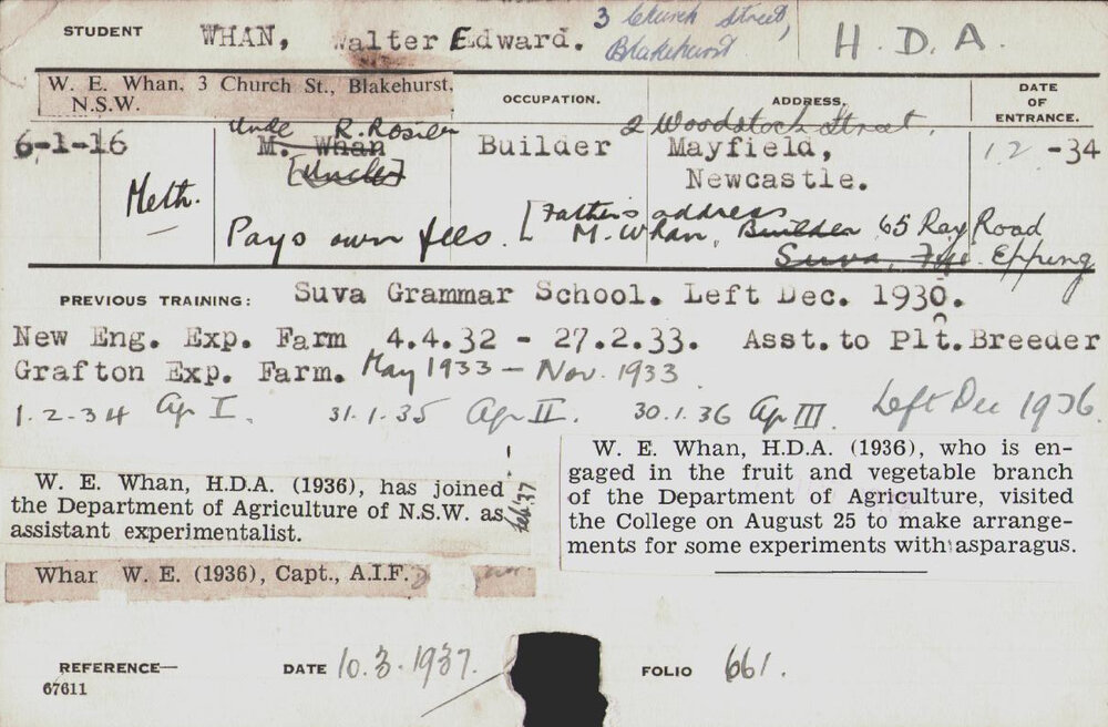 Whan, Walter Edward (Hawkesbury Diploma of Agriculture (HDA))