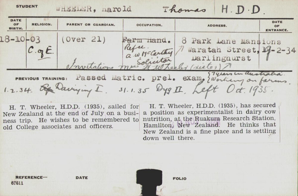 Wheeler, Harold (Hawkesbury Diploma in Dairy (HDD))