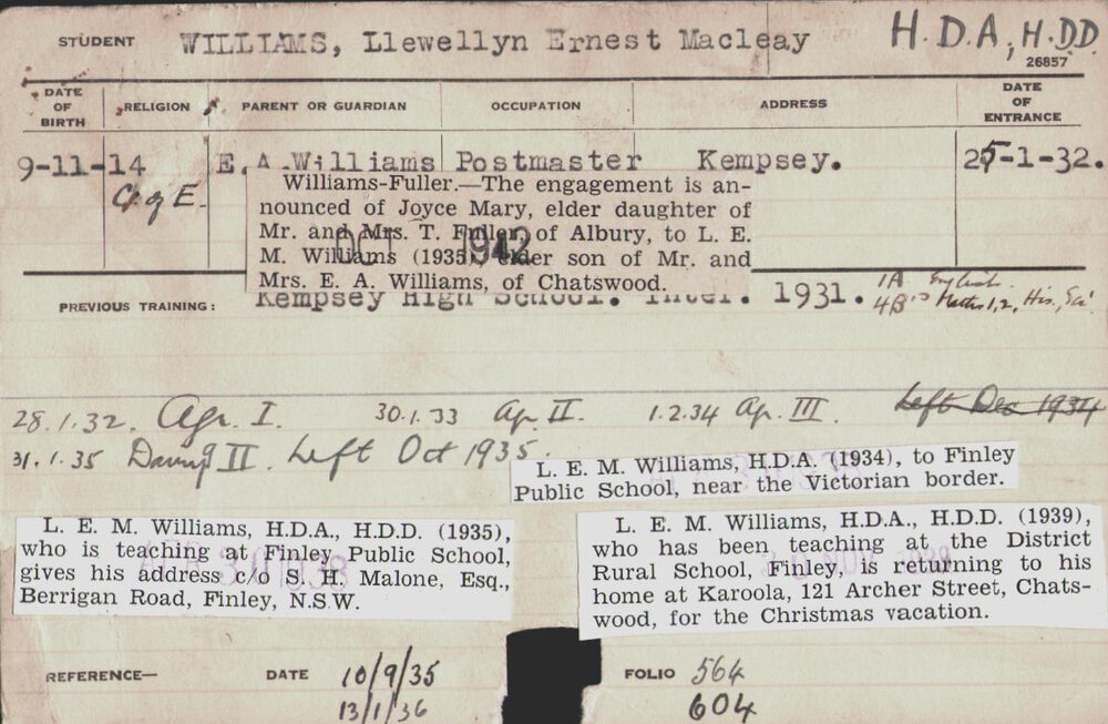 Williams, Llewellyn Ernest Macleay (Hawkesbury Diploma of Agriculture (HDA)/ Hawkesbury Diploma in Dairy (HDD))