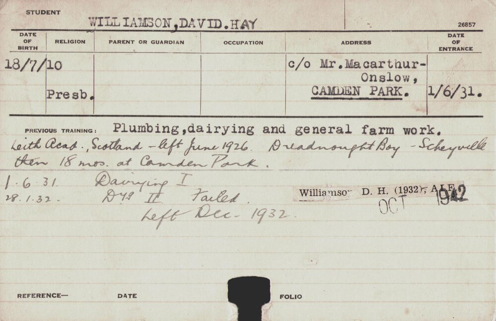 Williamson, David Hay (Hawkesbury Diploma in Dairy (HDD))