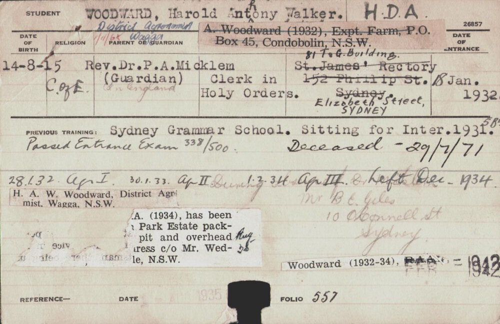 Woodward, Harold Anthony Walker (Hawkesbury Diploma of Agriculture (HDA))