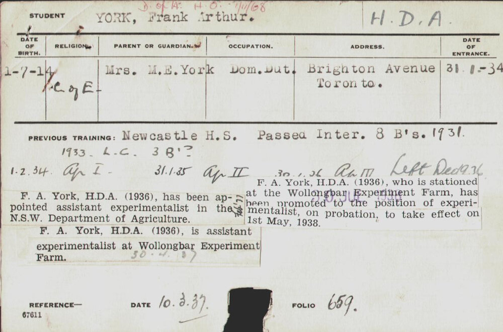 York, Frank Arthur (Hawkesbury Diploma of Agriculture (HDA))
