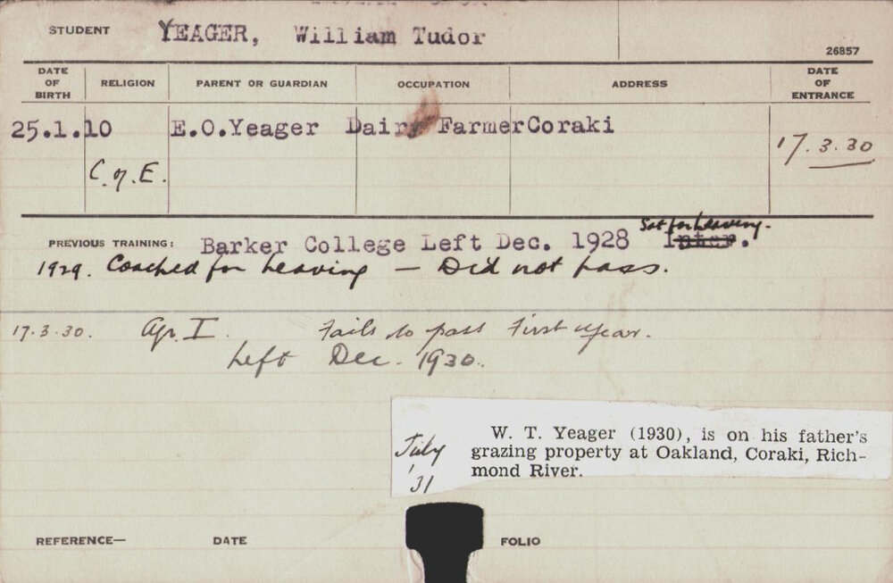 Yeager, William Tudor (Hawkesbury Diploma of Agriculture (HDA))