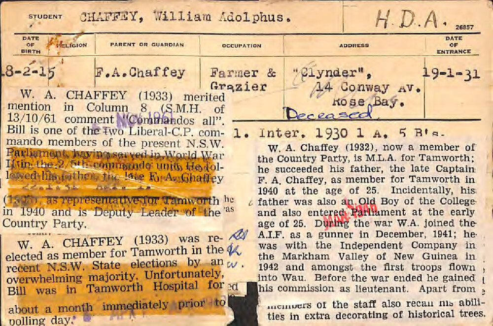 CHAFFEY, William Adolphus (Hawkesbury Diploma of Agriculture (HDA))