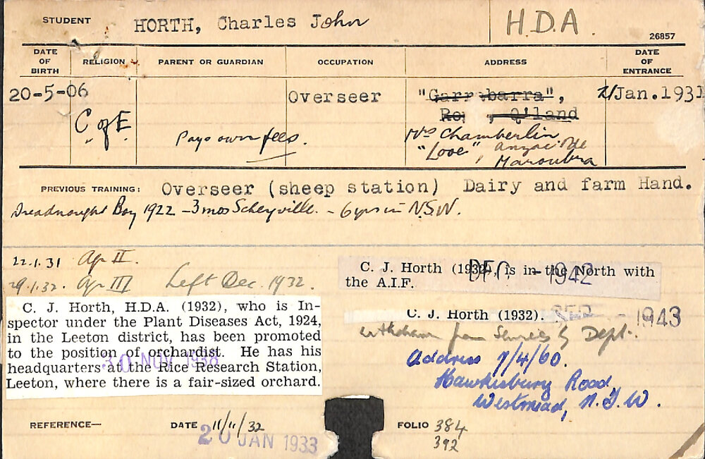 NORTH, Charles John (Hawkesbury Diploma of Agriculture (HDA) (Honours))