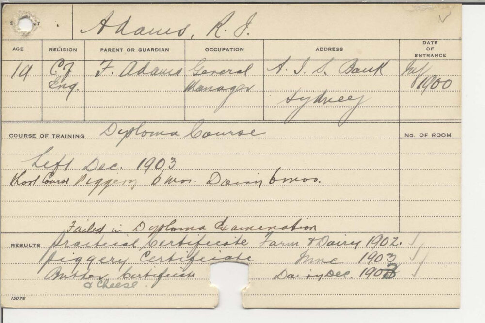 ADAMS, R J (Certificate - Piggery, Butter &amp; Cheese &amp; Practical Certificate - Farm &amp; Dairy)