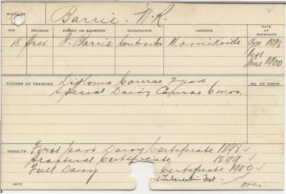 BARRIE, W R (Hawkesbury Diploma in Dairying (HDD) &amp; Prcatical Certificate &amp; Tuberculin Test)