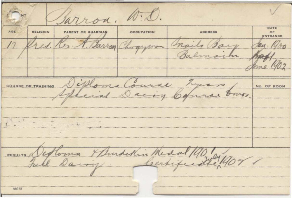 BARRON, W D (Hawkesbury Diploma of Agriculture (HDA) &amp; Certificate - Full Dairy)