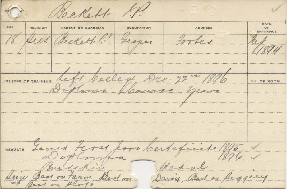 BECKETT, J P (Hawkesbury Diploma of Agriculture (HDA) (Burdekin Medal))