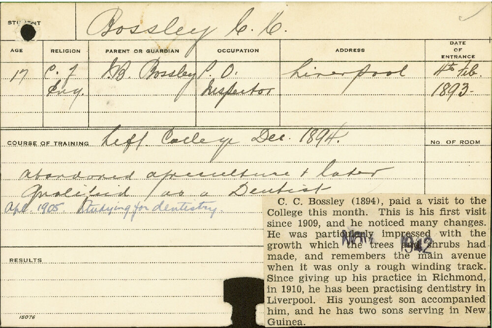 BOSSLEY, CC (Hawkesbury Diploma of Agriculture (HDA) (Withdrawn))