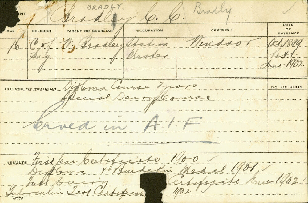 BRADLY, Cyril Clayton (Hawkesbury Diploma of Agriculture (HDA) - Special course - Dairy)