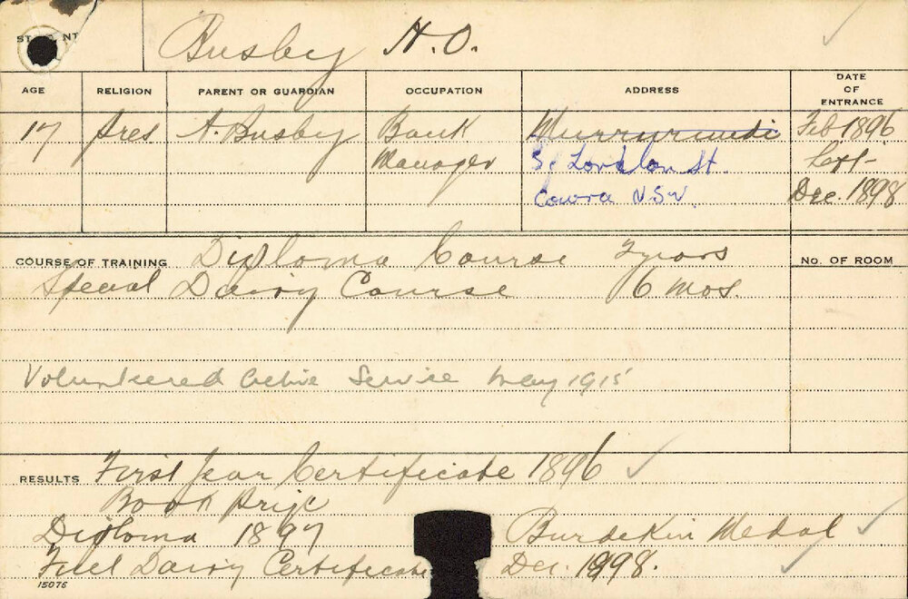 BUSBY, HO (Hawkesbury Diploma of Agriculture (HDA), Burdekin Medal &amp; Certificate - Dairy)