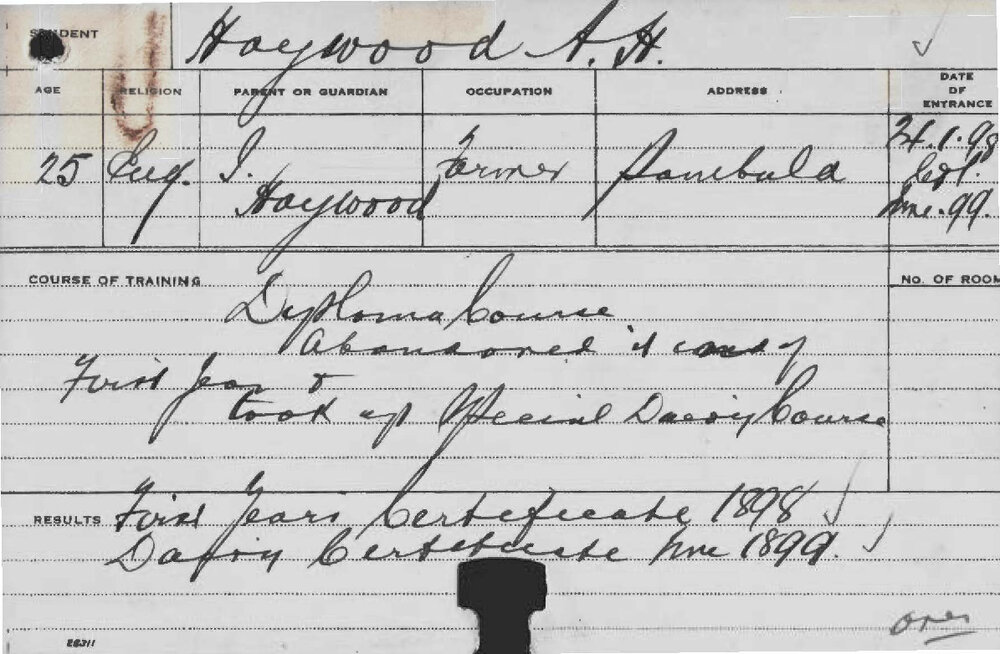 HAYWOOD, AH (Hawkesbury Diploma of Agriculture (HDA) (first Year). Special Course - Dairy)